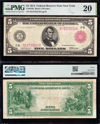VERY NICE *RARE* Bold & Crisp VF 1914 $5 NEW YORK "RED SEAL" FRN Note! PMG 20! - Image 1 of 3
