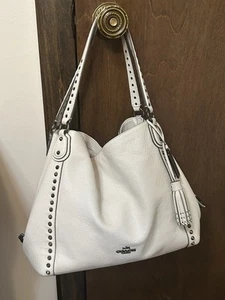 Coach Edie 31 Shoulder Bag Chalk Pebbled Leather With Gunmetal Rivets & Tassel - Picture 1 of 14