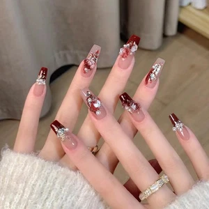3D Glossy Long Coffin False Nails with Pearl Rose Fake Nail Red French Tips - Picture 1 of 12