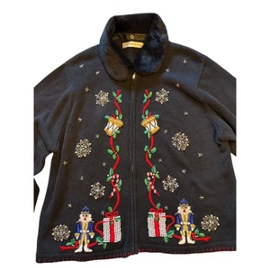 Vintage Black Nutcracker Christmas Beaded Zip Up Cardigan Faux Fur Collar - Picture 1 of 4
