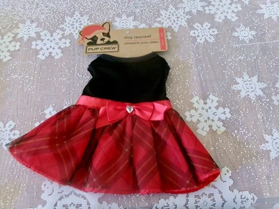 Vestido de vacaciones para perros rojo falda a cuadros negro corpiño lazo y corazón bling XS Pup Crew Nuevo con etiquetas Foto 1 de 4