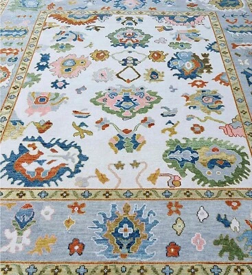 Modern Oushak Hand Knotted 10x14 Ivory Blue 100% Wool Floral Rug for Home Décor - Image 1 of 4