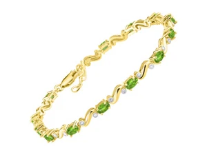 RYLOS PERIDOT & DIAMOND TENNIS BRACELET YELLOW GOLD PLATED SILVER 7-8"  - Picture 1 of 6