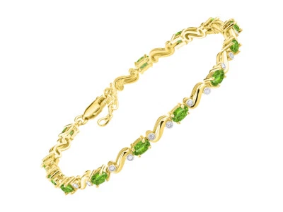 RYLOS PERIDOT & DIAMOND TENNIS BRACELET YELLOW GOLD PLATED SILVER 7-8"  - Image 1 of 4