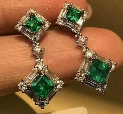 3Ct Princess Cut Green Emerald Diamond Drop/Dangle Earring 14K White Gold Finish - Image 1 of 4