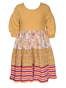 Bonnie Jean Big Girl 10 Tiered Dress Mustard Yellow Mixed Print 3/4 Sleeves - Picture 1 of 4