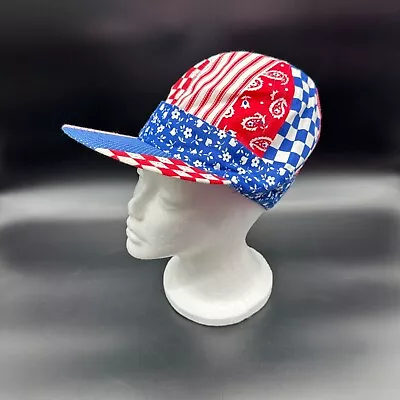 Vintage Hat 1970s Patriotic Patchwork Cap Red White Blue Retro Patriotic 7 1/8 - Image 1 of 4