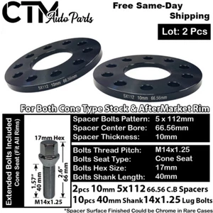 2x 10mm THICK 5x112mm 66.56 CB WHEEL SPACER NO HUB RING KIT14x1.25 BOLTS FIT BMW - Picture 1 of 4