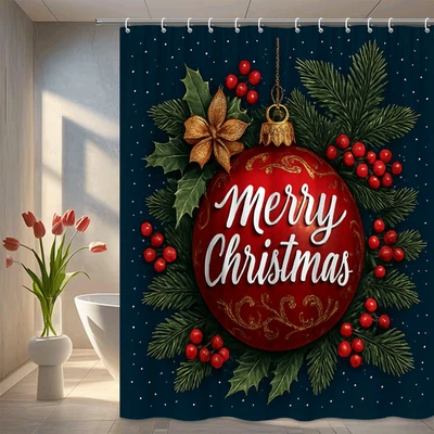 Cortina de Ducha Feliz Navidad con Adorno Rojo y Decoración Festiva Foto 1 de 4