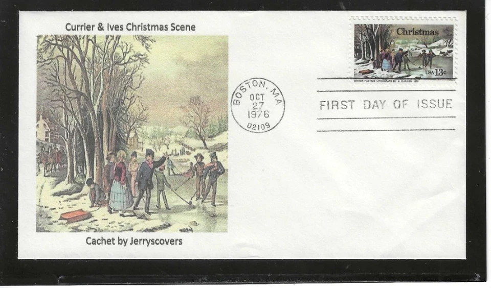 CHRISTMAS CURRIER & IVES SCENE FDC 1976 BOSTON, MA JERRY'S COVERS ONLY 1 MADE - Image 1 of 1