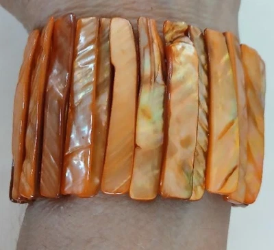 "Bonitas piezas de abulón grueso elástico pulsera de 1,75"" de ancho ámbar naranja iridiscente" Foto 1 de 3