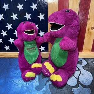 Vintage Pair of Barney Friends Purple Dinosaur Stuffed Plush Toy 16” & 14" Sing - Picture 1 of 3