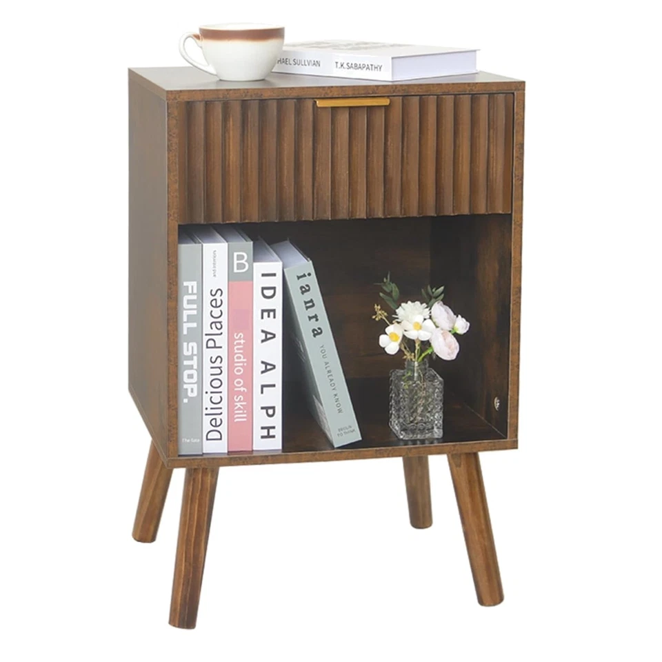 Elegante Mesita de Noche Moderna Mediados de Siglo con Cajón de Almacenamiento - Acabado Marrón Rústico Foto 1 de 4