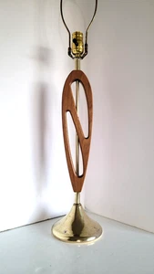 Vtg Mid Century Modern Sculpted Wood & Polished Brass Table Lamp 30.5" - Picture 1 of 8