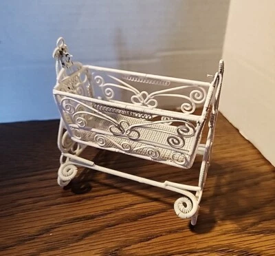 VICTORIAN Miniature DOLLHOUSE White Wicker Wire Rocking CRADLE Baby Bed 1:12 - Image 1 of 4