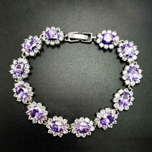 New Xmas Women Jewelry Gifts Charm Purple Amethyst Gemstone Silver Bracelet