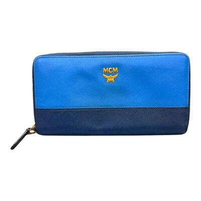 MCM Mujer Saffiano Birhgt Azul Cuero Cremallera Alrededor Cartera Bolso sin asas y Azul Marino LEER Foto 1 de 4