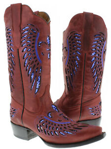 Womens Red Cowboy Boots Wings Inlay Blue Sequins Snip Toe Botas Vaquera