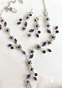 Danbury Mint Long Necklace & Earring Set -Amethyst Purple & “Diamond ”Rhinestone - Picture 1 of 5