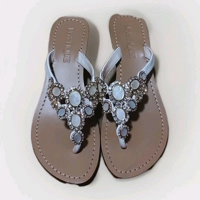 Sandalia Mystique Mujer Talla 8 Brillante Blanco Cristal Joya Cuero Tostado Tanga Deslizable Foto 1 de 4