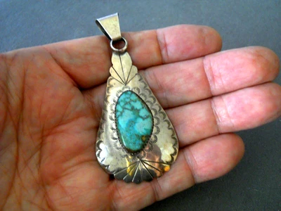 Native American Navajo Blue Web Gem Turquoise Sterling Silver Pear Shape Pendant - image 1 of 4