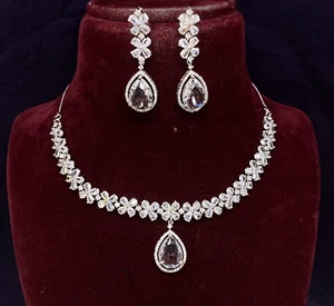 Premium Quality Silver Plated American Diamond Studded Jewelry Necklace Set - Picture 1 of 2