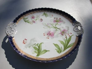 Beautiful Old German Marked 10.5" Porcealin Flowers with Gold & Blue Bands Plate - Picture 1 of 4
