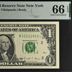 Billete de 1 dólar de la Reserva Federal 1988A PMG 66EPQ elegante número de serie casi sólido 11111611 - Imagen 1 de 3