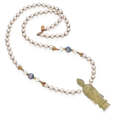 Vintage Miriam Haskell Beaded Strand with Carved Jade Figurine Necklace - Image 1 of 4