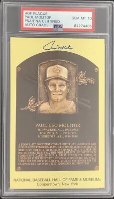 Paul Molitor Signed Gold HOF Plaque Postcard Yellow Brewers PSA/DNA Auto Gem 10 - Image 1 of 3