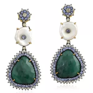 18.60ct Esmeralda Perla Tanzanita Diamante Pendientes Largos 925 Estornino Plata - Imagen 1 de 6
