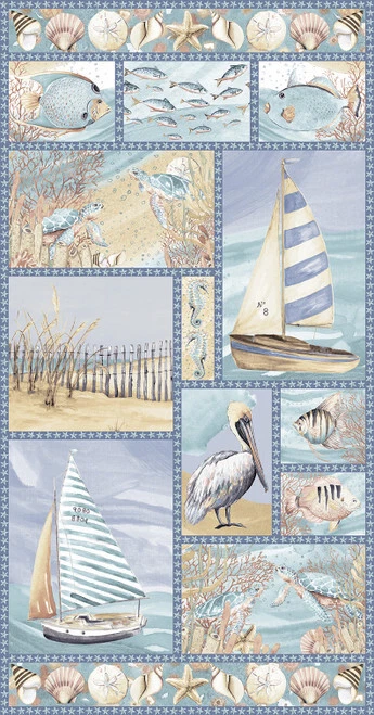 Sailboat Fish Sea Shells Fabric 24"X44" Panel Ocean Oasis Cotton Blank Quilting