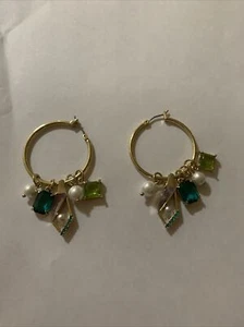 $85 Carolee Geometric Stone & Imitation Pearl Hoop Earrings 1.25” JZ8 - Picture 1 of 4
