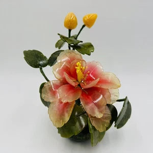 Vintage chinesischer orientalischer Jade Glas Bonsai Baum Handarbeit 8" Blume rosa Blütenblätter - Bild 1 von 16