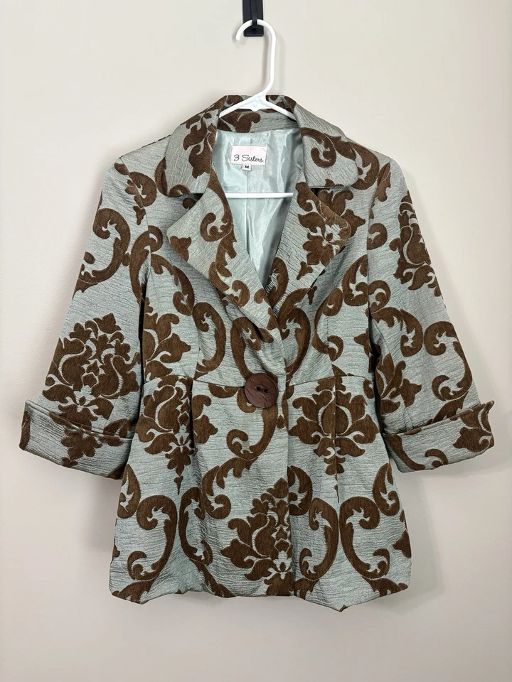 Blazer Chaqueta Damasco Vintage 3 Hermanas Azul Marrón Paisley Artístico Talla Mediana Foto 1 de 4