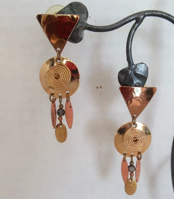 Handmade Mixed Metal Drop Dangle Earrings Brass, Copper Modernist 2" Long - Image 1 of 4
