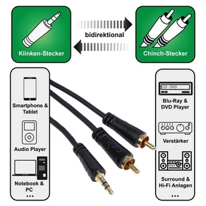Câble adaptateur Hama 5 m AUX 3,5 mm connecteur jack sur 2 x câble RCA Cinch audio - Photo 1/4