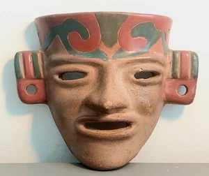 Vtg Aztec Mayan Warrior Clay Painted Terra Cotta Mask 9" Mexico Wall Planter Art - Picture 1 of 9