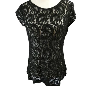Top multimedia de encaje transparente medio negro The Limited para mujer - Imagen 1 de 6