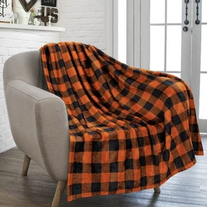 Black and Orange Buffalo Plaid Fleece Throw Blanket for Couch, Soft Halloween... - Picture 1 of 8