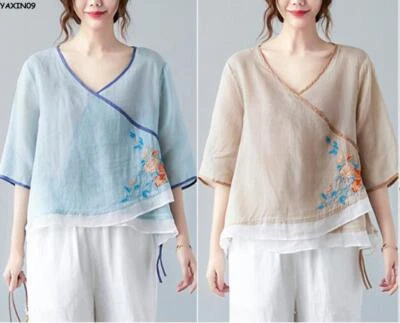 Para mujeres Étnico Lino Retro Prendas para el torso Tang Traje Mangas Cortas Camisa Blusa Bordada Foto 1 de 4