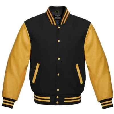 Varsity Jacket Letterman Baseball Bomber Style Black Wool Blend & Gold Sleeves - Image 1 of 3