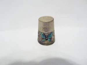 THIMBLE VINTAGE SILVER-PLATED TOPAZIO PORTUGAL ENAMEL "TURQUOISE BUTTERFLY" - Picture 1 of 6