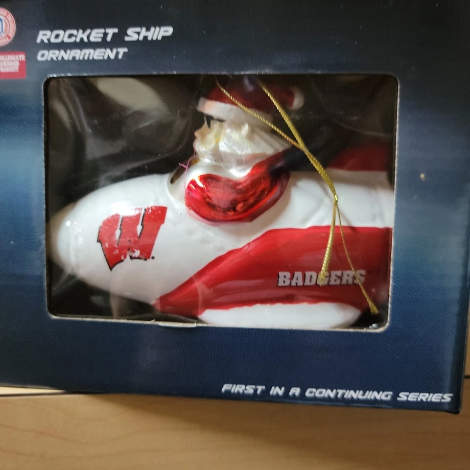 Wisconsin Badgers Santa Claus Rocket Ship Ornament Brand 5.5L X 3.5"H - Image 1 of 1