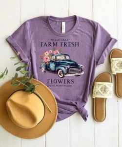 Bella+Canvas Market Purple Multicolor 'Farm Fresh Flowers' Truck Crewneck Tee -L - Picture 1 of 7