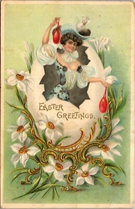 Vintage Easter Postcard ~ Beautiful Woman holding Eggs in Cracked Egg 1908 - Picture 1 of 3