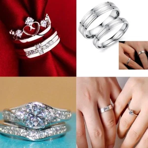 Damen 925 Sterlingsilber Kristall Hochzeit Verlobungsschmuck Ring Set - Bild 1 von 11