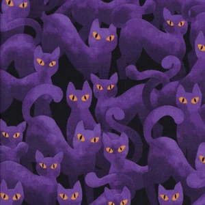 Purple Haunted Halloween Cats on Black Boo Quilting Fabric 1/2 Metre - Picture 1 of 1