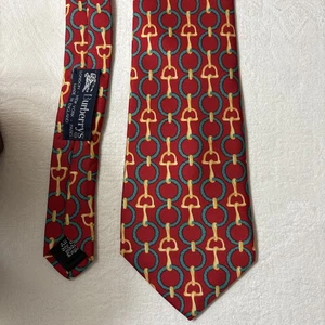 Burberrys 100% Silk  Horse bite Design Red Gold Green All Silk Neck Tie England - Picture 1 of 6