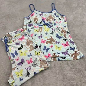 Nick & Nora Pajama Set Womens XL Blue Butterfly Sock Monkeys Cotton Loungewear - Picture 1 of 24